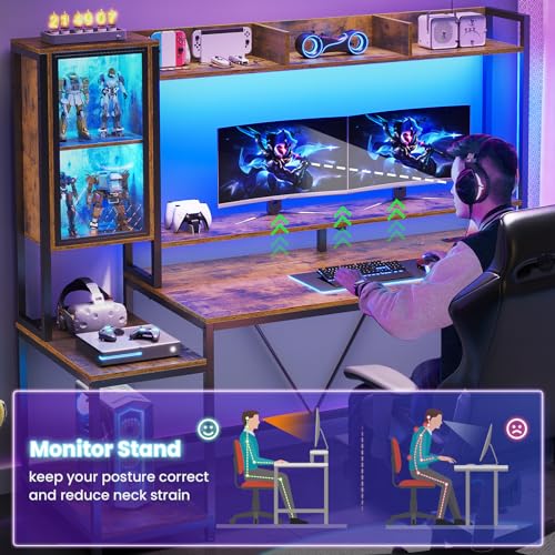 SEDETA 60'' Gaming Desk with Storage, Hutch, Display Cabinet and LED Lights - color: Rustic Brown