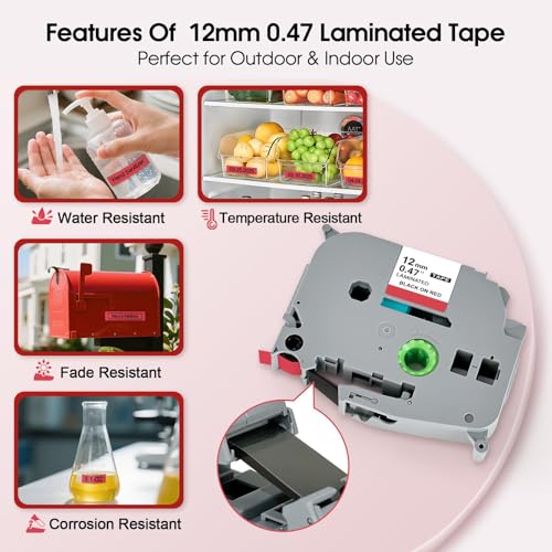 Compatible with Brother P Touch Red Tape TZe431 Black on Red 12mm 0.47 | TZe-431 Laminated Labels 12mm 0.47 Inch Replacement for Brother PTD210 PTD600 PTH100, 1/2 in x 26.2 Ft, 2-Pack - color: Black on Red, size: 12mm x 8m