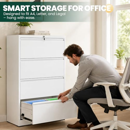 4 Drawer Lateral File Cabinet, Metal Filing Cabinet for Home Office, White | Heavy-Duty Steel Locking Large File Cabinet, Hanging Letter/Legal/A4 Size, Full-Extension Silent Drawer, Un-Assembly - color: White, size: 4 Drawers (35.43 in Width)