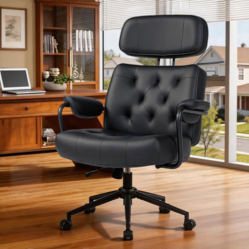 Mid Century Modern Home Office Desk Chair, Ergonomic Office Chair Big and Tall, High Back Executive Office Chair Leather Extra Wide, Computer Chair Comfy, Adjustable Height Rolling Chair, Black - color: Black