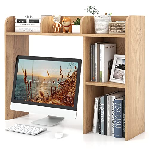 Tangkula Desktop Bookshelf, Countertop Storage Hutch with 5 Shelves for Computer Desk, 3-Tier Display Rack, Multipurpose Wood Storage Organizer for Dorm Office Home - color: Natural, size: 5 Shelves