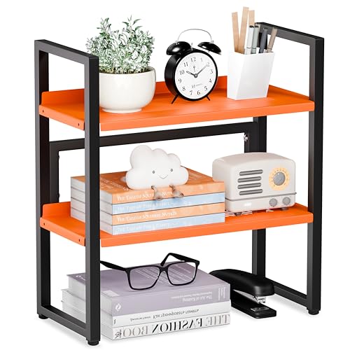 Brakki Desk Shelf Organizer, 2-Tier Desktop Bookshelf, Small Office Shelf | Adjustable Shelf, Metal Desktop Rack for Dorm, with Foot Mat, Multi-Functional Organization, Black and Orange - color: Black and Orange