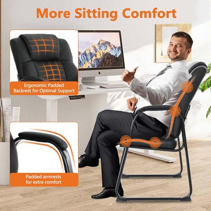 CLATINA Big and Tall Office Chair Set of 6 500lbs Leather Reception Chair with Bonded Padded Armrest Wide Seat Sled Base Desk Chair No Wheels for Reception Conference Waiting Room Side Office, Black - color: Black Sled Base, size: 6 Pack