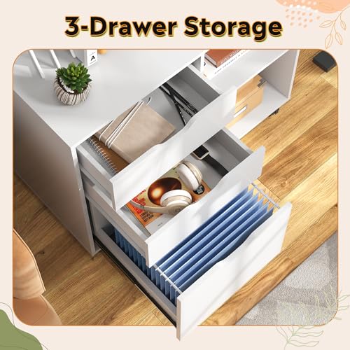 DEVAISE 3 Drawer File Cabinet, Lateral Filing Cabinet White | Mobile Printer Stand, Open Storage Shelves, Letter & A4 Compatible, Wood, Home Office - color: White