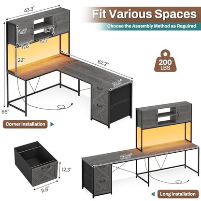 SEDETA Reversible L Shaped Gaming Desk with Drawers, LED Lights, - color: Grey