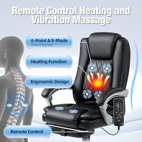 Massage Heated Office Chair with Foot Rest, Executive Desk Chair | Ergonomic High Back PU Leather Home Office Desk Chair with 135° Recline, 400 LBS, 6-Point Vibration and Heat, Classic - style: Classic