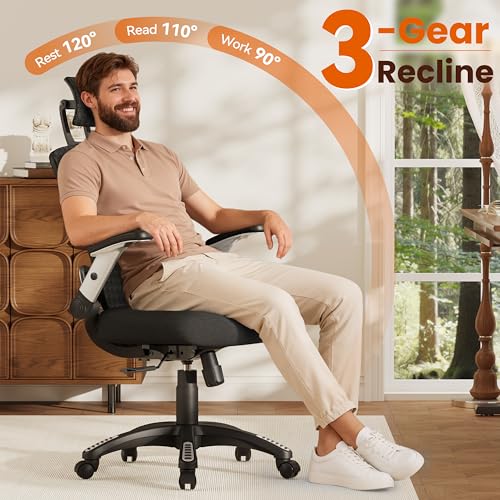 GABRYLLY Ergonomic Office Chair, High Back Home Desk Chair with Flip-Up Arms, 3D Headrest, Thick Sponge Seat &90-120° Recline, Big and Tall Mesh Executive Chairs for Man Woman, Midnight-Cloud - color: Midnight Cloud