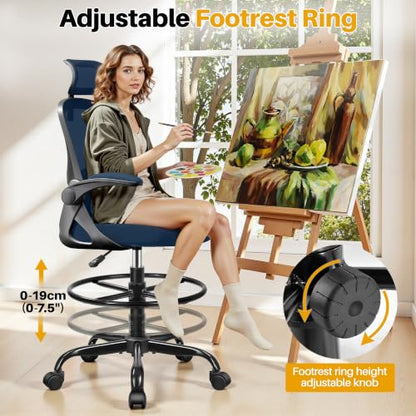 Drafting Chair, Tall Office Chair for Standing Desk, Ergonomic High Back with Headrest, Lumbar Support, Foot Ring and Flip-up Armrests, Navy Blue - color: Navy Blue