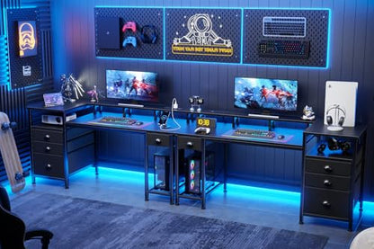 Furologee 60" Gaming Desk with 4 Drawers & LED Lights, Power Outlet, Black - color: Black, size: 60 Inch