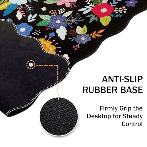 L-SPOUTTO Floral Mouse Pad, Black Scalloped Desk Mat XXL Gaming Mousepad | Botanical Large 35.4x15.7in Non-Slip Rubber Base Keyboard Pad Waterproof Desktop Mat for Laptop Computer Game Home Office - color: Colorful Flowers