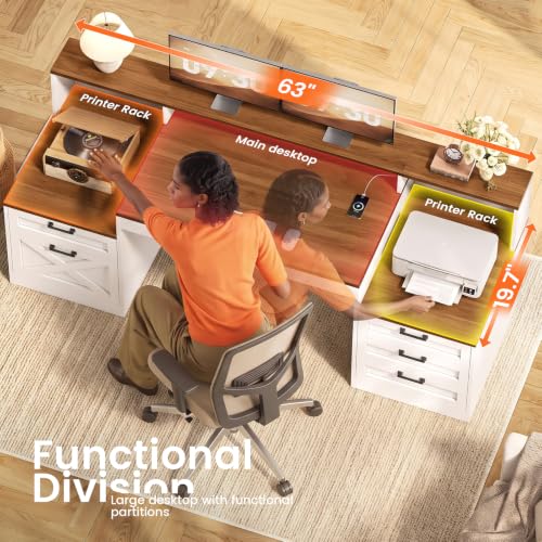SEDETA 63" Farmhouse Office Desk with 5 Drawers, White and Brown | Executive Computer Desk with LED Lights & Monitor Stand, Wood Home Office Desk with 2 Printer Stand & Power Outlet - color: White and Brown, size: Executive Office Desk(63")