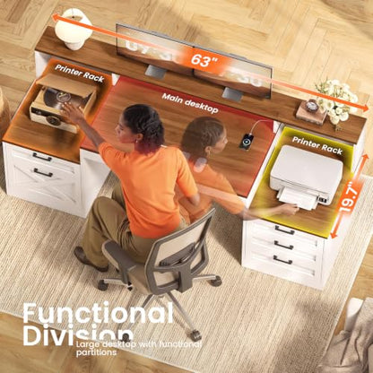 SEDETA 63" Farmhouse Office Desk with 5 Drawers, White and Brown - color: White and Brown, size: Executive Office Desk (63")