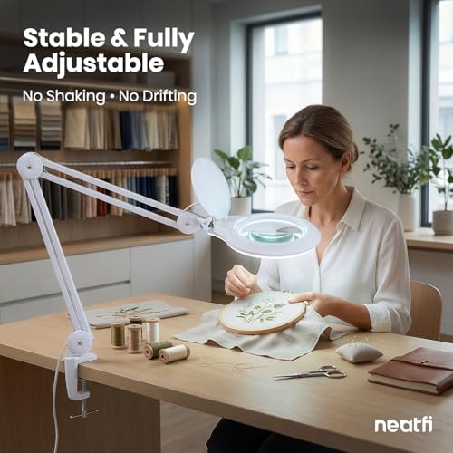 Neatfi LED Bifocal Magnifying Lamp 1,200 Lumens – 5” Glass Lens, Dual Magnification 2.25X/6X, Dimmable | Adjustable Arm with Clamp | Crafting, Jewelry & Reading (5 Diopter + 20 Diopter, White) - color: White, size: 5 Diopter + 20 Diopter