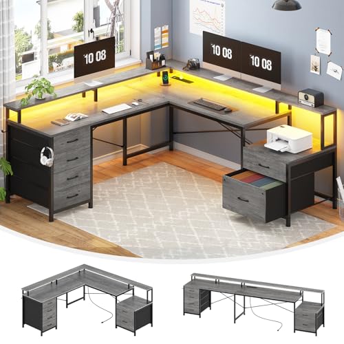 SEDETA L Shaped Computer Desk with 6 Drawer, File Drawer & Power Outlet - color: Grey