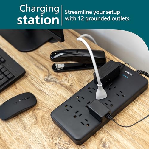 Philips 12-Outlet Surge Protector Power Strip, 6ft Braided Extension Cord, 3500 Joules, Multi Plug Outlet Extender, Adapter-Spaced, Black, SPP3813B/37 - style: 12 Outlet