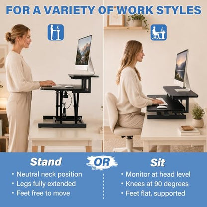 37" Height Adjustable Standing Desk Converter, 4.9" to18.5 Height Adjustable Sit Stand Up Desk Riser with Secondary Desks, Desktop Workstation Riser for Home Office Computer Laptop, Black - color: Black