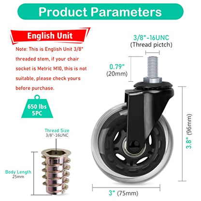Hirate 3 inch Office Chair Casters Wheel with 3/8"-16UNC Threaded Stem - size: 3 inch