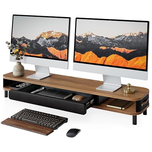 Fenge Dual Monitor Stand with Large Storage Drawer, 42.5" Dsek Shelf, Brown | Slide-Out Drawer, Ergonomic Monitor Riser, Aluminum leg, 2-Tier Desk Organizer for Laptop, TV, PC - color: Brown
