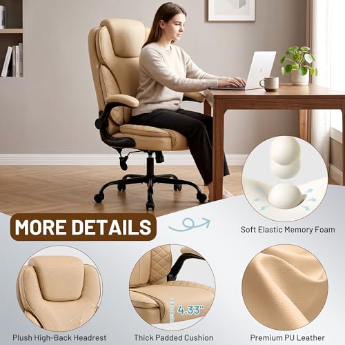 Ergonomic Office Chair, PU Leather High Back Executive Chair with Adjustable Inflatable Lumbar Support and Padded Flip-Up Arms, Recline Swivel Task Computer Chair for Home Office, Khaki - color: Khaki