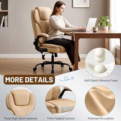 Ergonomic Office Chair, PU Leather High Back Executive Chair with Adjustable Inflatable Lumbar Support and Padded Flip-Up Arms, Recline Swivel Task Computer Chair for Home Office, Khaki - color: Khaki