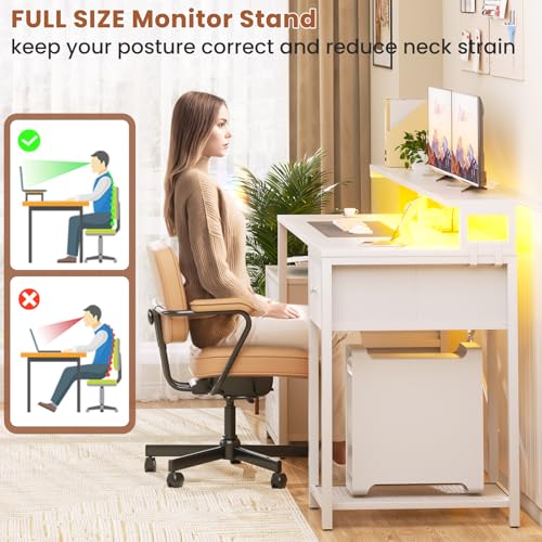 Aheaplus 59" Gaming Computer Desk with 3 Drawer, Power Outlet, Led Lights - color: White