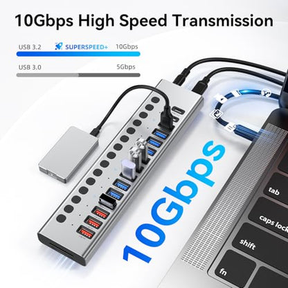 VANGREE Powered USB Hub 10Gbps, 17 Ports USB 3.2 Hub, 96W Power Adapter - color: Silver