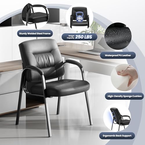 Modern Conference Room Chairs with Arms, PU Leather Padded Guest Chair with Welded Steel Frame, Ergonomic Office Reception Chair, 300LBS, Waterproof & Easy to Clean,Black,Set of 4