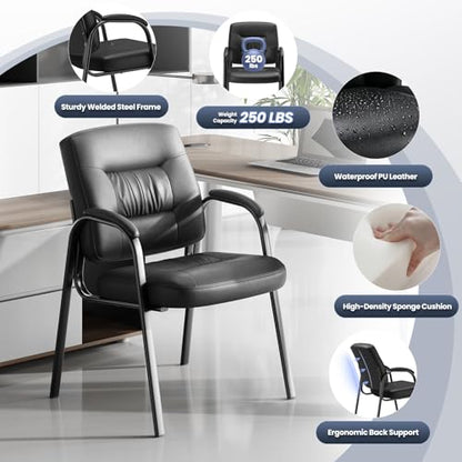 Modern Conference Room Chairs with Arms, PU Leather Padded Guest Chair with Welded Steel Frame, Ergonomic Office Reception Chair, 300LBS, Waterproof & Easy to Clean,Black,Set of 4
