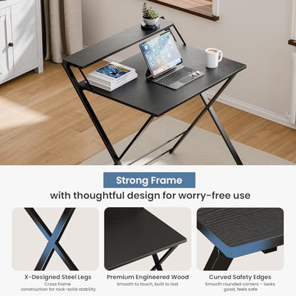 DUMOS Folding Desk with Shelf, No Assembly Computer Desk, Small Space Black | Foldable Desk with Shelf Saves Space for Bedroom, Office and Dorm Use - color: Modern Black