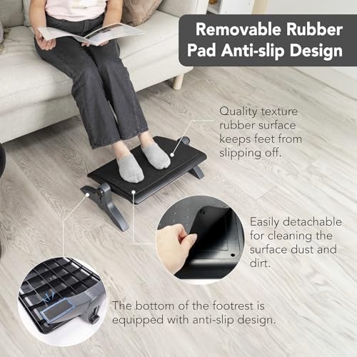 EHO Ottoman, Ergonomic Foot Rest for Under Desk, Adjustable Height and Angle, Rubber Platform, Anti-Slip, Ankle Support, Detachable Washable Cushion, Back and Leg Pain Relief, 21.6"L x 11.4"W, Black - style: Rubber Platform