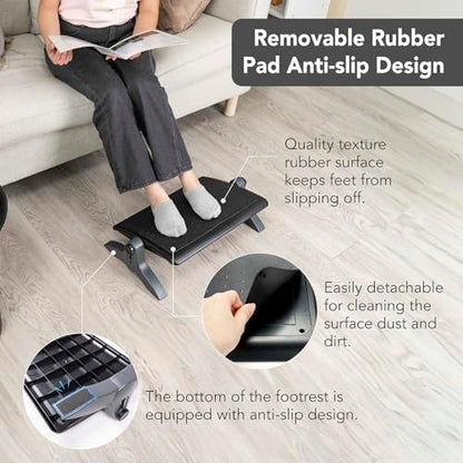 EHO Ottoman, Ergonomic Foot Rest for Under Desk, Adjustable Height and Angle, Rubber Platform, Anti-Slip, Ankle Support, Detachable Washable Cushion, Back and Leg Pain Relief, 21.6"L x 11.4"W, Black - style: Rubber Platform