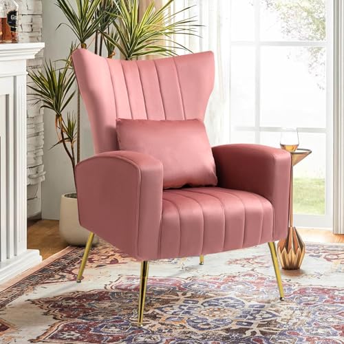 Velvet Accent Chair for Living Room Bedroom, Modern Arm Chair with Wingback & Gold Metal Legs, Lumbar Pillow Included, Blush Pink - color: Pink, size: 1PC with Channel Tufted