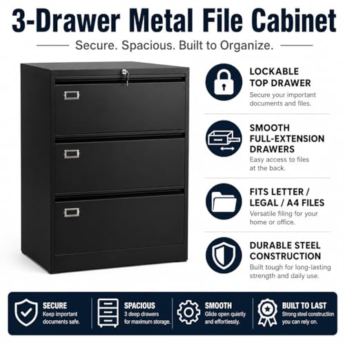 40 Inch 3 Drawer Metal Filing Cabinet, Black Office Storage Cabinet with 0.6mm Cold Rolled Steel, Business Card Label Slot, Vertical Metal File Cabinet for Office Home Workspace - size: 40in 3drawers