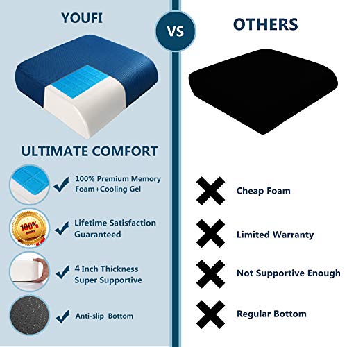 YOUFI Extra Thick Large Seat Cushion -19 X 17.5 X 4 Inch Gel Memory Foam Cushion with Carry Handle Non Slip Bottom - Pain Relief Coccyx Cushion for Wheelchair Office Chair (Blue (1PACK)) - color: Blue