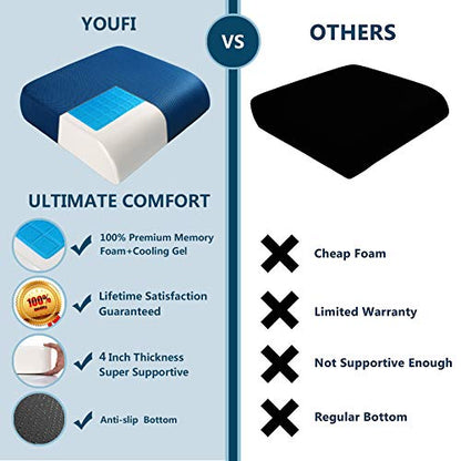YOUFI Extra Thick Large Seat Cushion -19 X 17.5 X 4 Inch Gel Memory Foam Cushion with Carry Handle Non Slip Bottom - Pain Relief Coccyx Cushion for Wheelchair Office Chair (Blue (1PACK)) - color: Blue