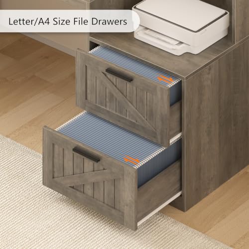 TVU Farmhouse L Shaped Desk with Drawers, 62.2" Home Office Desk with Storage Shelves and Power Outlet, L Shaped Computer Desk with Monitor Stand and Printer Shelf, Gray - color: Grey