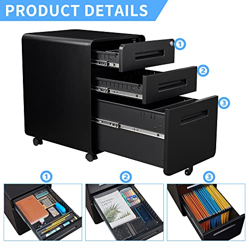 Letaya File Cabinet, 3 Drawer Filing Cabinets for Home Office with Lock Mobile Under Desk Fully Assembled Cabinet (Black) - color: Black, size: 18"D x 14.96"W x 23"H