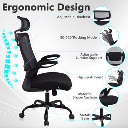 CLATINA Heavy Duty Ergonomic Mesh Office Chair 400LBS, Big and Tall Desk Chair with Adjustable Lumbar Support & Headrest, Flip Up Padded Arms, Swivel Computer Chair for Home, Conference, Black, 4 PACK - size: 4 PK