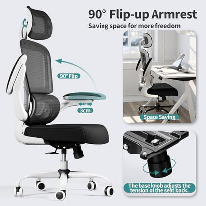 TRALT Office Chair Ergonomic Desk Chair - Gaming Chair with Lumbar Support | 330 LBS Home Office Desk Chairs with Headrest, Reading Chair with Flip-up Armrests, Comfortable Computer Chairs (1, Black) - color: Black & White