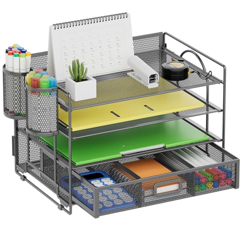 Marbrasse Desk Organizer, 4-Tier Paper File Letter Tray, Grey | Sturdy Paper Tray, File Holder, Built-in Drawer, 2 Pen Slots, fits Letters/Files, for School Home Office Supplies - color: Grey with Pen Holder