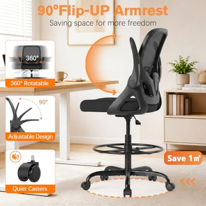 ORRSAKER Drafting Chair, Tall Office Chair with Flip-up Arms, Mesh Ergonomic Computer Standing Desk Chair with Adjustable Height Foot Ring and Lumbar Support, 300 LBS Capacity, Black - color: Black