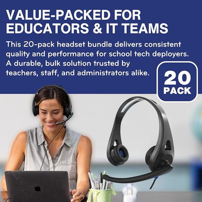 TWT Audio Ergo TW110 Premium On-Ear Headset - Classroom Headset 20 Pack | Wired Headphones, Noise Reducing Microphone, For Classrooms, School, Students, & Teachers, Universal Device Compatibility - style: 3.5MM 20 Pack (TW110)