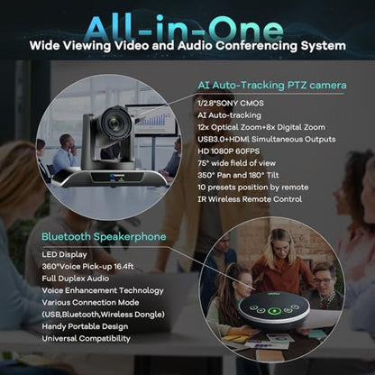 12x Zoom Conference Room Video Camera System, Al Auto-Tracking HD 1080P 60fps 12X Optical Zoom USB3.0 HDMI PTZ Camera 75° FOV and Bluetooth Conference Speaker with Microphones Bundle for Medium Room - color: Jet