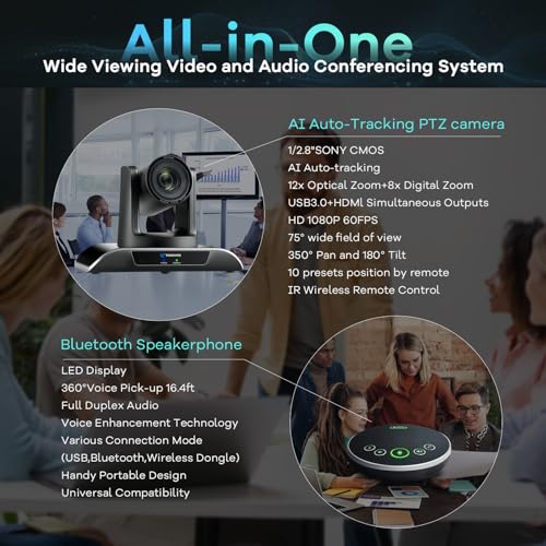 12x Zoom Conference Room Video Camera System, Al Auto-Tracking HD 1080P 60fps 12X Optical Zoom USB3.0 HDMI PTZ Camera 75° FOV and Bluetooth Conference Speaker with Microphones Bundle for Medium Room - color: Jet