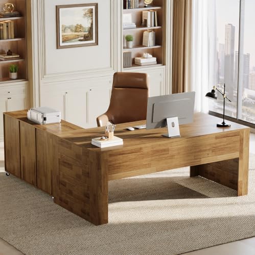 Tribesigns 63" Executive Desk with File Cabinet | L-Shaped Office Desk with Drawers and Storage Shelves, Business Combo Furniture, Computer Desk Set for Home Office, Brown