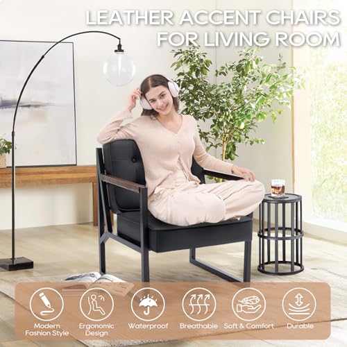 COLAMY Mid Century Modern Accent Chair Set of 2, Comfy Living Room Chair, Black Leather Accent Chair, Faux Leather Reception Armchair with Metal Legs for Living Room Bedroom Reception Office, Black - color: Black, size: Set of 2