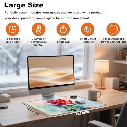 Heated Desk Pad 23.6" x 14.2" 3 Large Heated Mouse Pad with Heat Levels (40°C/45°C/50°C) & 3H Auto Shut-Off Desk Mat Fast Heating PU Leather Warmer Mousepad for Home Office - Colorful Rose Flowers - color: Colorful Rose Flowers, size: 23.6 x 14.2 inch