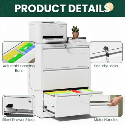 3 Drawer Lateral File Cabinet, Metal Filing Cabinet for Home Office, White | Heavy-Duty Steel Locking Large File Cabinet, Hanging Letter/Legal/A4 Size, Full-Extension Silent Drawer, Un-Assembly - color: White, size: 3 Drawers (35.43 in Width)