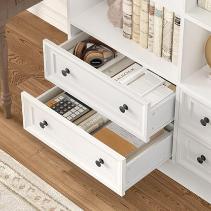 71" Tall Bookshelf with 4 Drawers White Bookshelf Office Bookcase | 6-Tier Double Wide Bookshelves and Bookcases with Storage, White Bookshelf Standing Book Cabinet for Home Office, White - color: White
