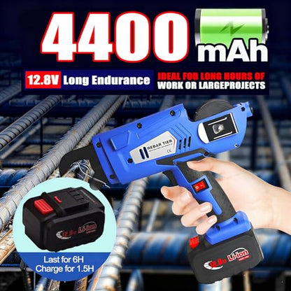 Electric Rebar Tying Machine 8-34mm, Automatic Steel Binding Tool with 2x4400mAh Batteries & Wire Coils, Efficient Rebar Tier Gun for Construction